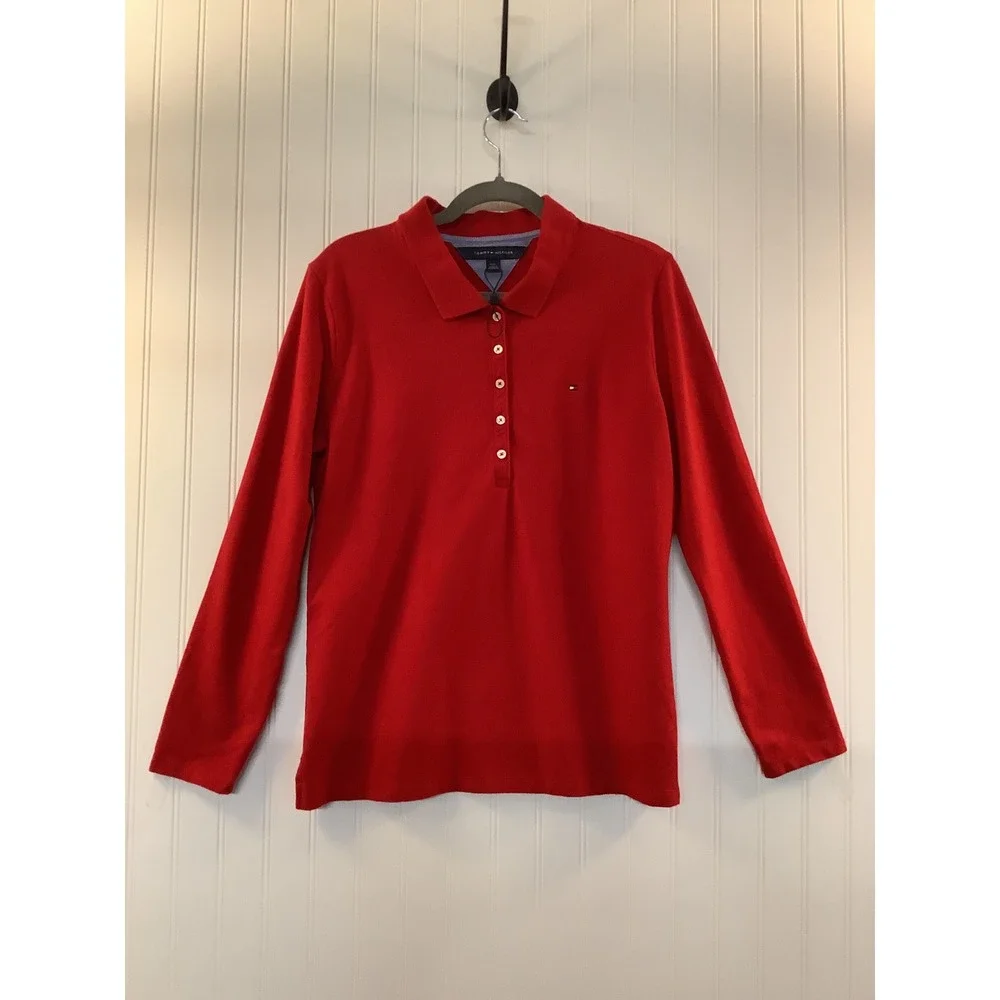 NEW Tommy Hilfiger Women's Red Long Sleeve Polo Shirt‎ Size L  Cotton Preppy